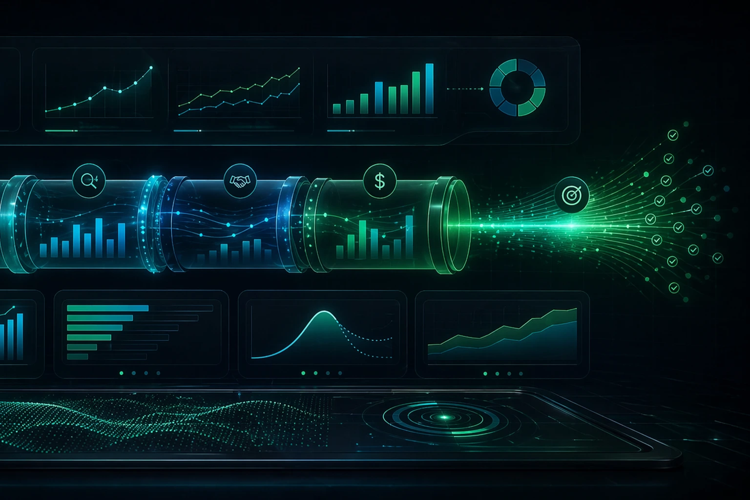 Editorial systems scene showing pipeline velocity, conversion, coverage, and forecast confidence across a revenue engine