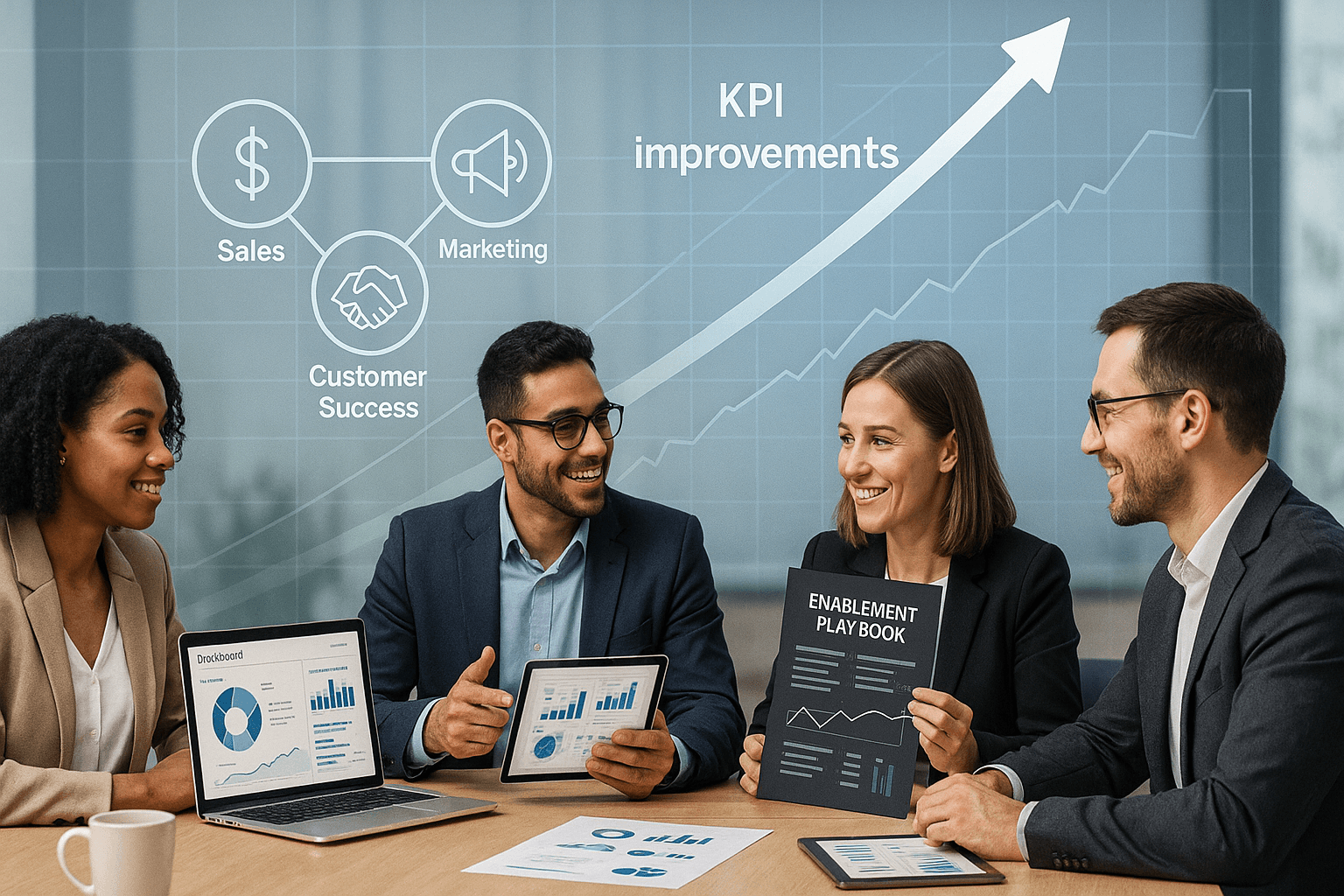 B2B team collaborating on sales enablement strategy with digital dashboards and KPI growth charts. Revenue operations, pipeline velocity, and unified go-to-market alignment visualized.