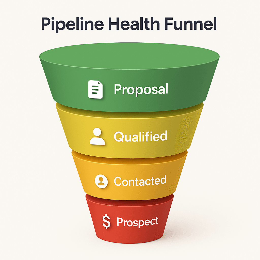 Pipeline health funnel Sales pipeline health visualization with conversion and slippage indicators